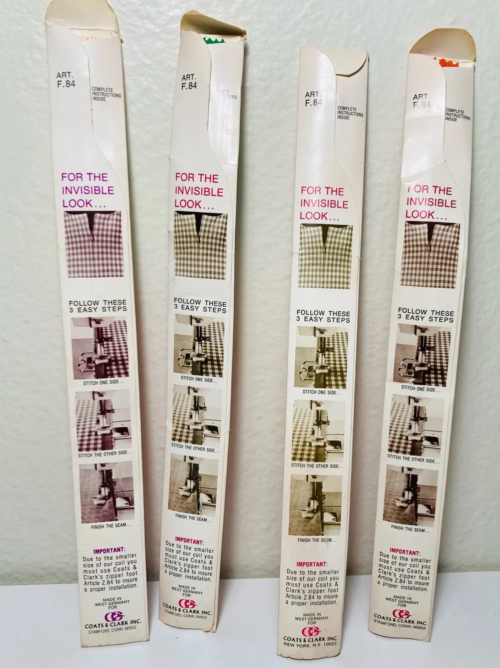 4 Vintage Various Lengths J. & P. Coats Polyester Invisible Zippers